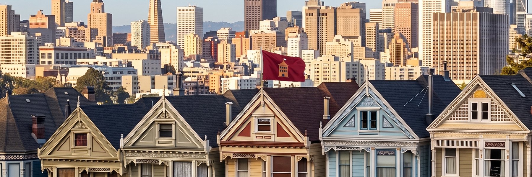 Painted Lady Victorians with the San Francisco skyline behind them